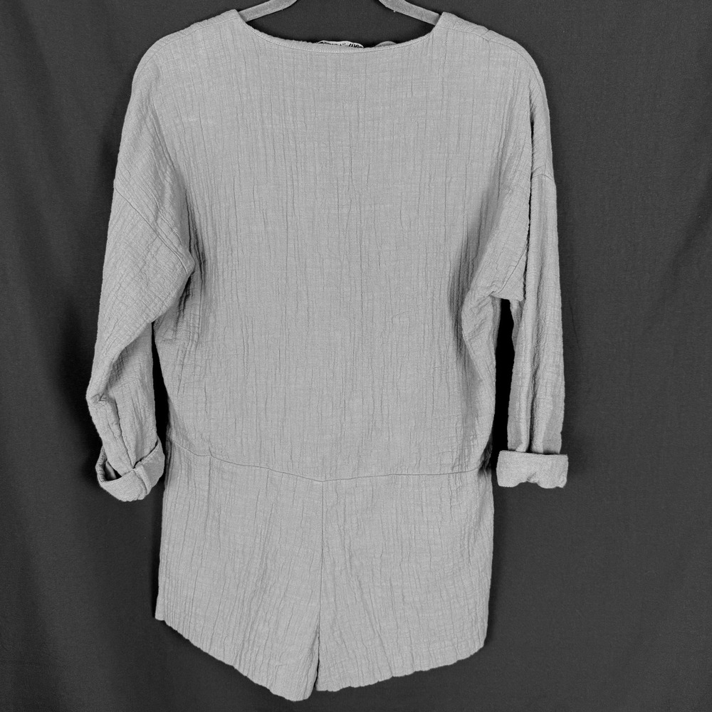 Zara Blue Cotton Crinkle Gauze Tie Front Long Sleeve Romper Cover Up Sz S - Picture 2 of 11